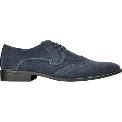 Bravo Mens Vegan Suede Wedding & Prom Wingtip Lace Up Dress Shoe in Navy Blue