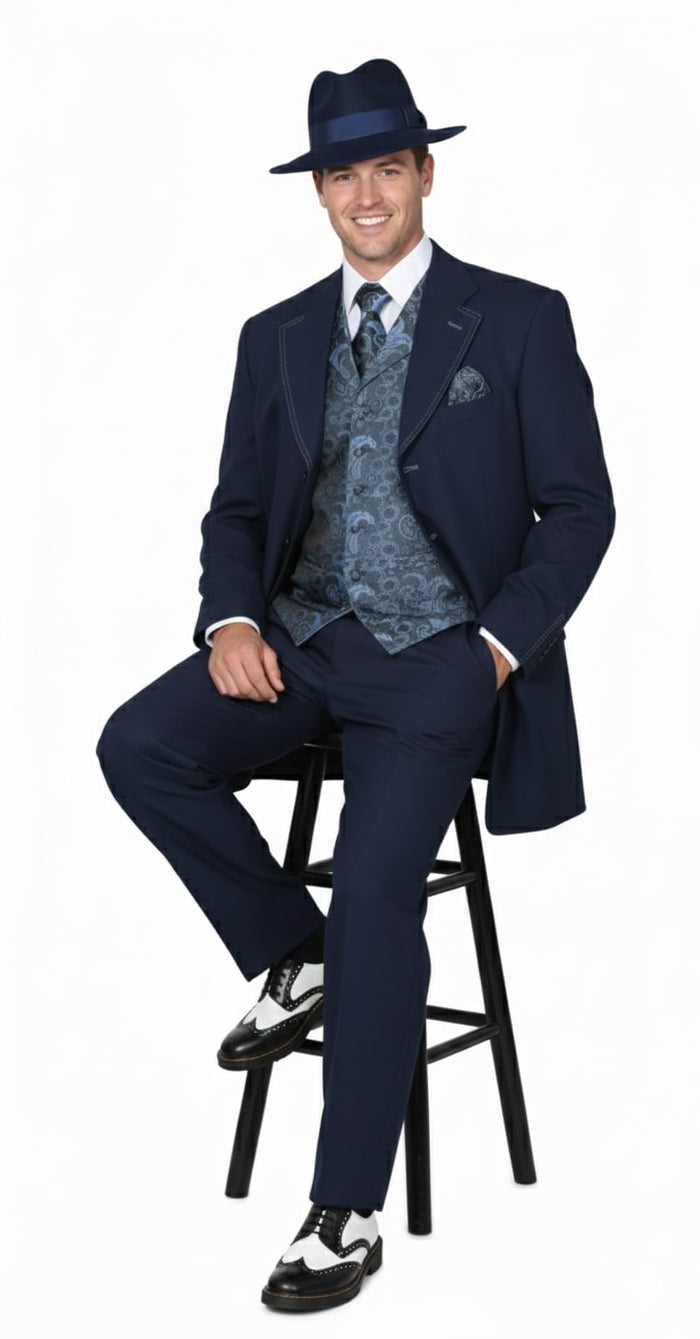 Mens 1920s Navy Blue Zoot Suit  Vintage Gangster 3-Piece Long Jacket Suit Classic Fit Pleated Pants