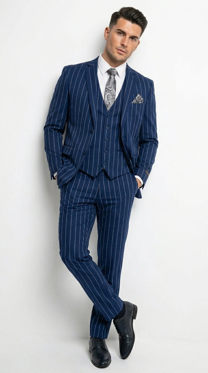 Men’s Navy Blue 1920s Gangster Stripe Vested Suit with White Pinstripes, 2 Button Dress Suit