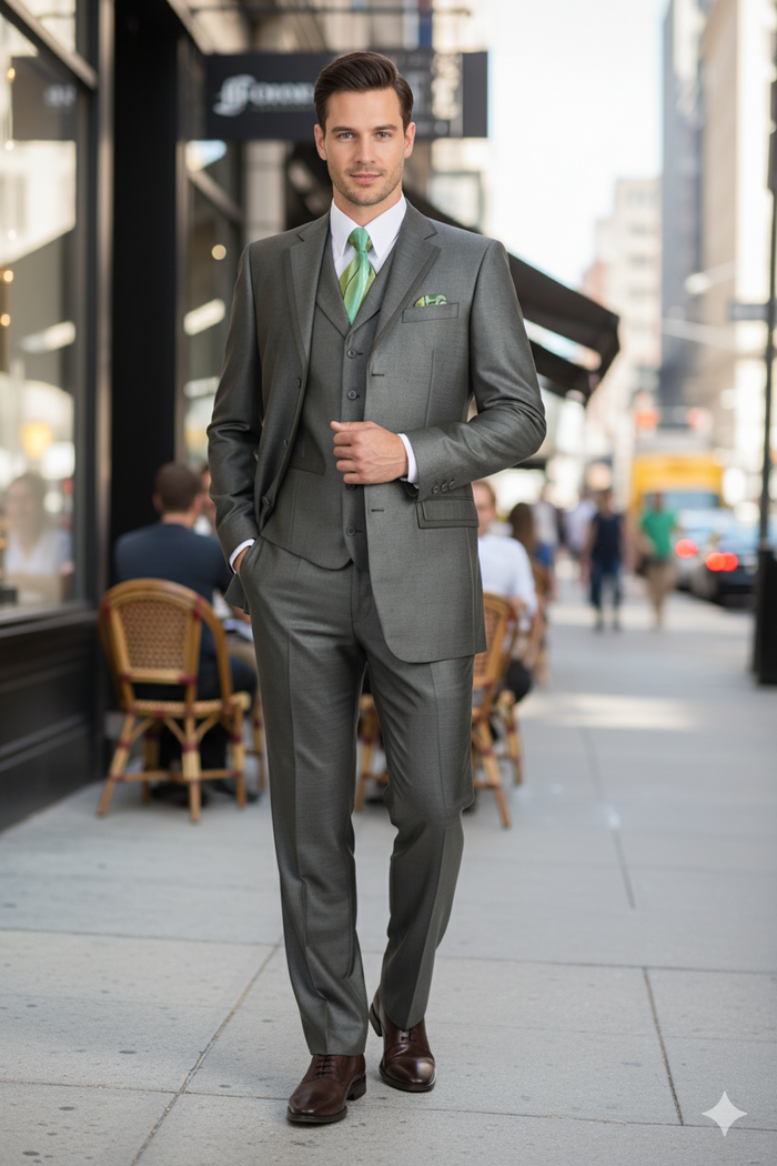 Mens Olive Green 3-Piece Suit  Classic Fit with Vest and Tie Pleated Pants Three Buttons
