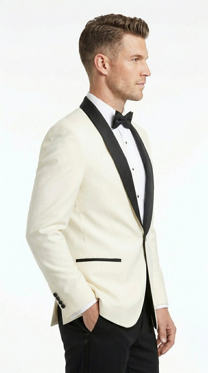 Men’s Ivory Dinner Jacket Blazer with Black Shawl Lapel, Formal Wedding Tuxedo Sport Coat