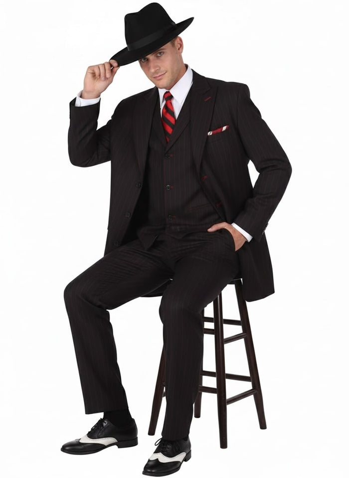 Mens Black and Red Pinstripe Zoot Suit - 1920s Gangster Vintage 3-Piece Suit for Formal, Prom, and Themed Events
