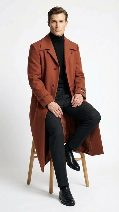 Mens Full-Length Cognac Overcoat  Premium Wool-Blend Long Dress Coat for Winter and Formal Wear in Rust Brick Color