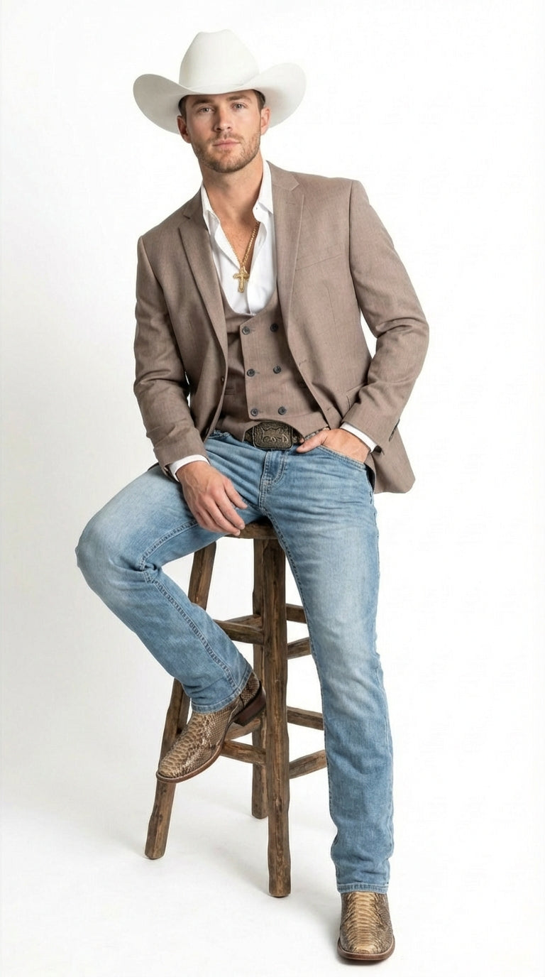 Men’s Light Grey Cowboy Blazer with Double breasted Vest – Western Two Piece Suit Pants included