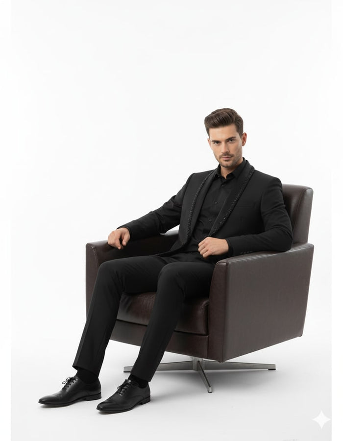 Mens Classic Black Designer Tuxedo Suit with Beaded Lapel  Elegant Formal and Party Wear Jacket and Pants