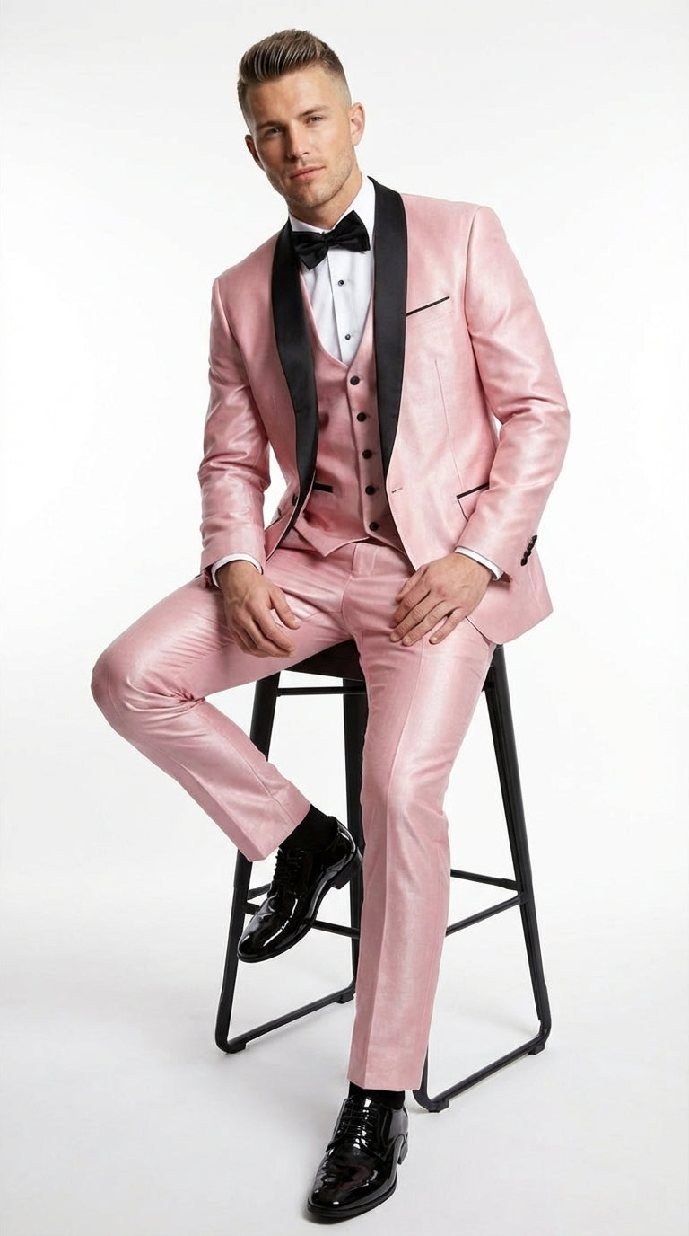 Men’s Blush Pink Shiny 3 Piece Suit with Black Shawl Lapel | Light Pink Prom Suit Sharkskin Fabric - Ultra Slim Fit