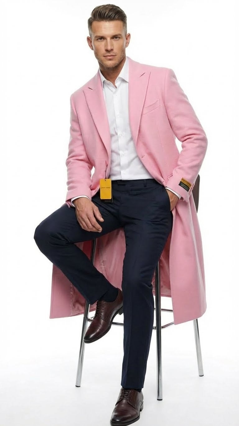 Mens Pink Wool Blend Long Overcoat  Slim Fit Tailored Winter Coat - Carcoat - Topcoat