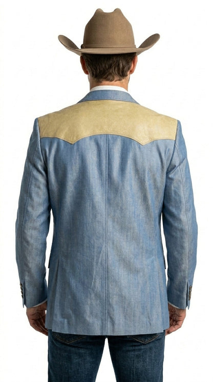 Men’s Steel - Light Blue and Bone Color Western Cowboy Blazer – Shiny Country Style Dress Jacket for Rodeo Saco De Hombre Vaquero