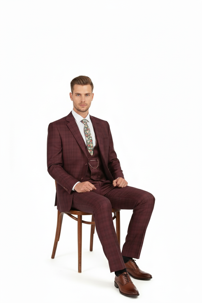 Mens Burgundy Checkered 3-Piece Suit  Windowpane Classic Fit Plaid Blazer with Vest and Pants