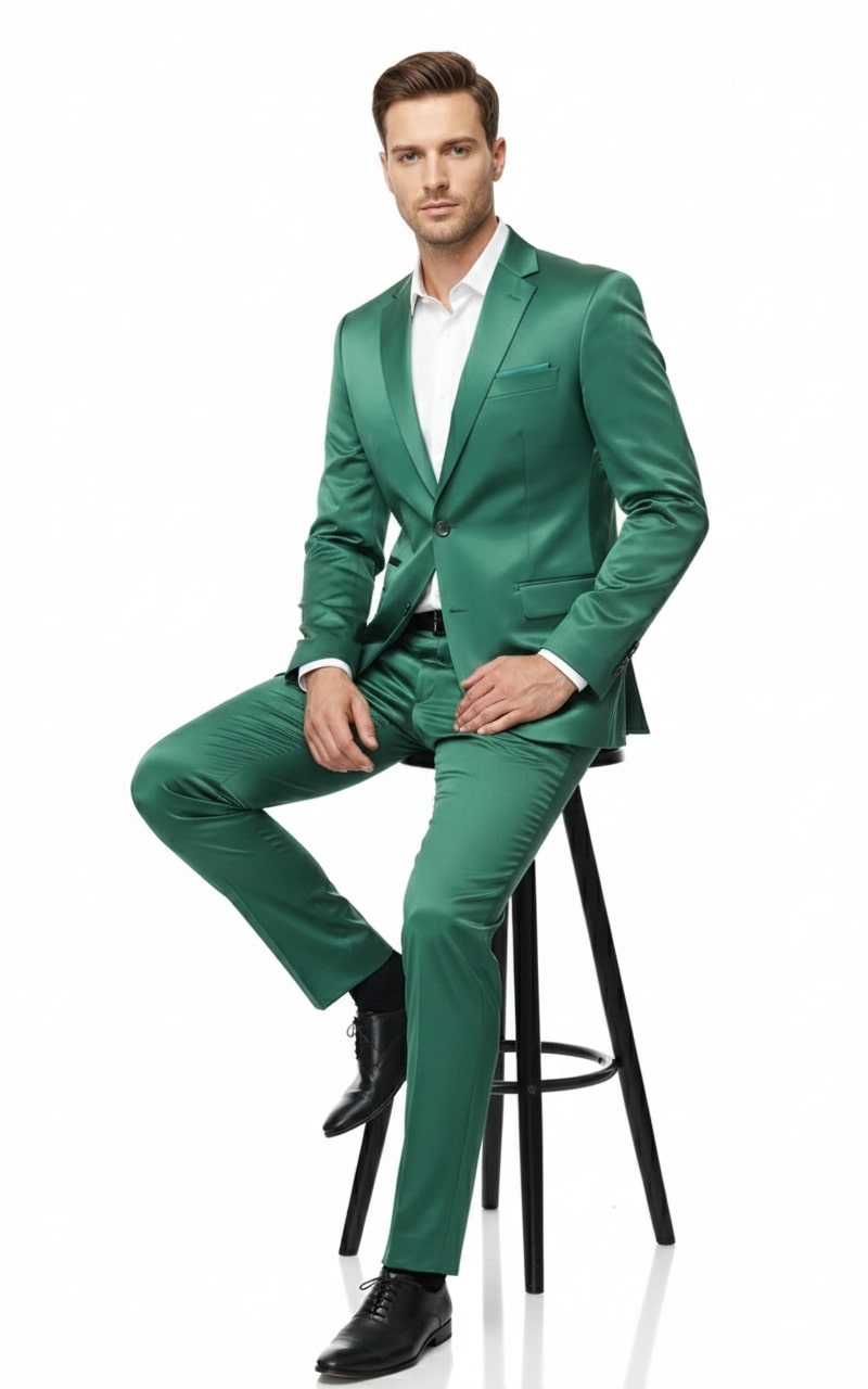 Mens Shiny emerald Green Sateen 2-Piece Slim Fit Suit  Formal Blazer and Pants Set Prom Wedding
