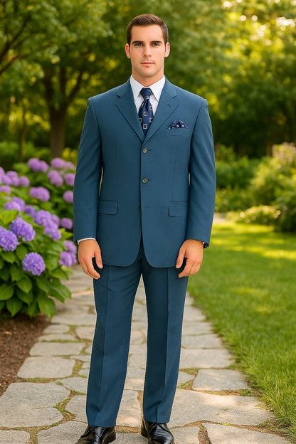 Mens Steel Blue 3-Button Classic Suit  Formal Business Attire with Vest, Tie and Pocket Square