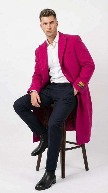 Mens Hot Pink Wool Blend Overcoat  Topcoat Carcoat Winter Fabric