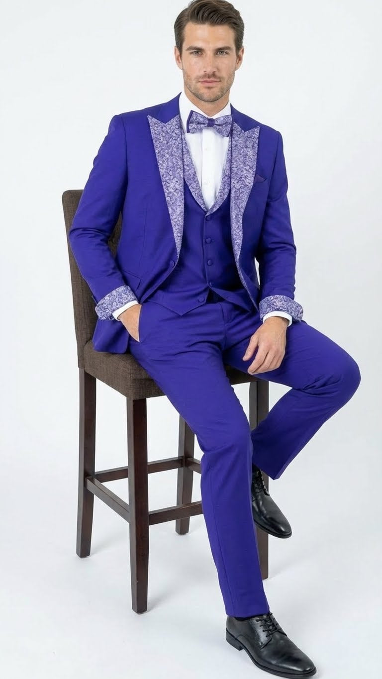 Mens Purple and white sivler lapel  Embellished Tuxedo Suit   Formal Wedding, Prom, and Gala Outfit Mardi Gras