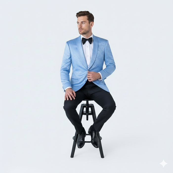 Mens Light Blue Paisley Tuxedo Jacket  Elegant Satin Shawl Lapel Dinner Blazer for Weddings, Proms in Sky Powder Blue Color Bowtie
