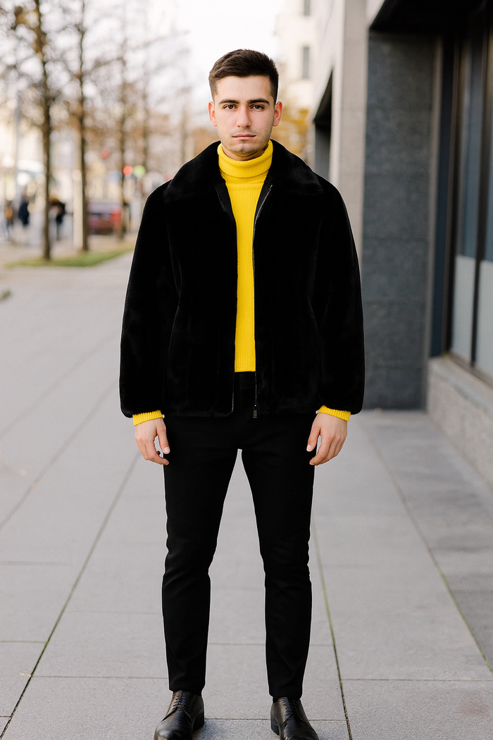 Men's Black Faux Fur Jacket - Luxury Winter Zip-Up Coat with Soft Plush Finish