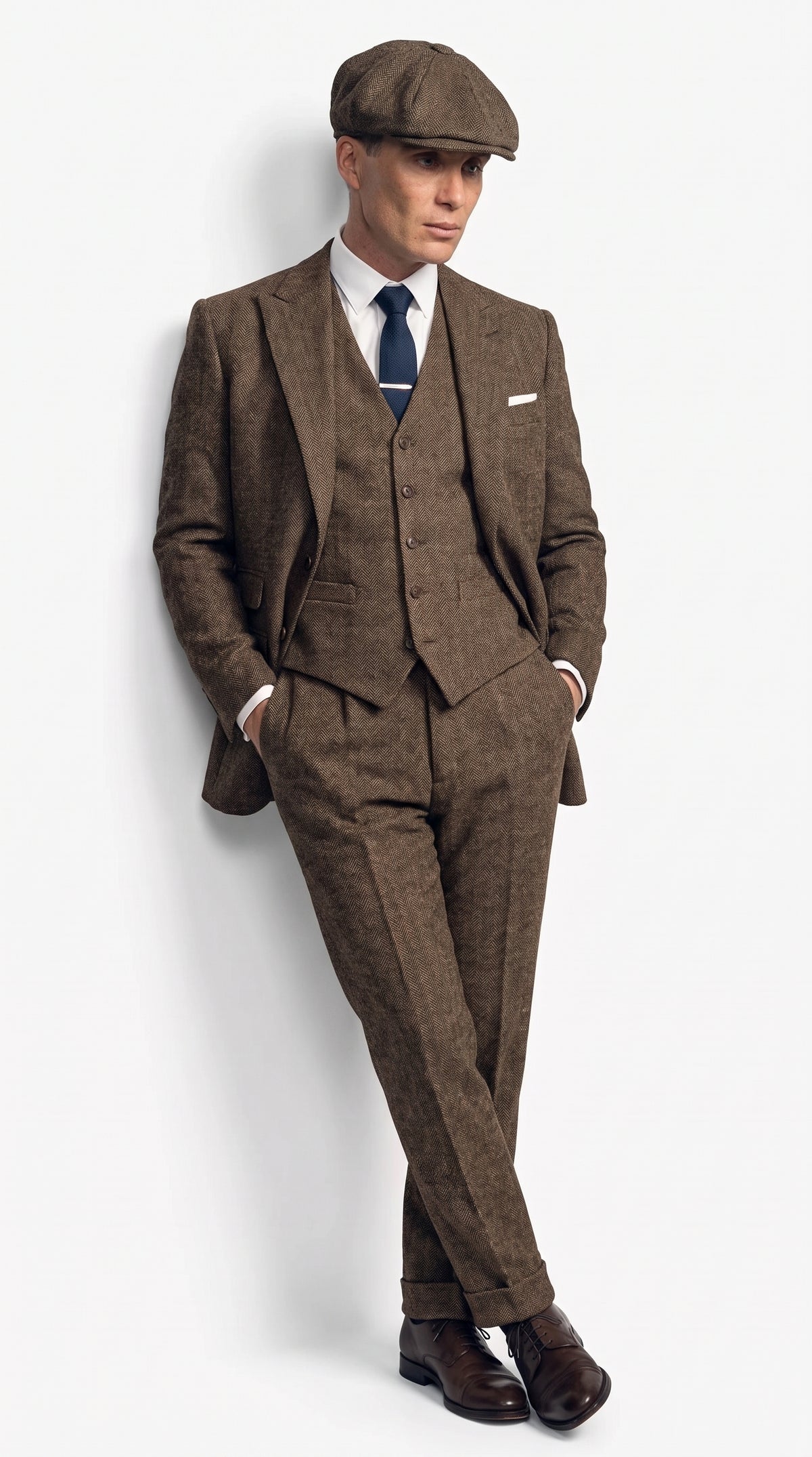 Men's Thomas Shelby Brown Herringbone 3-Piece Suit – Peaky Blinders 1920s Vintage-Style Suit with Matching Vest & Trousers