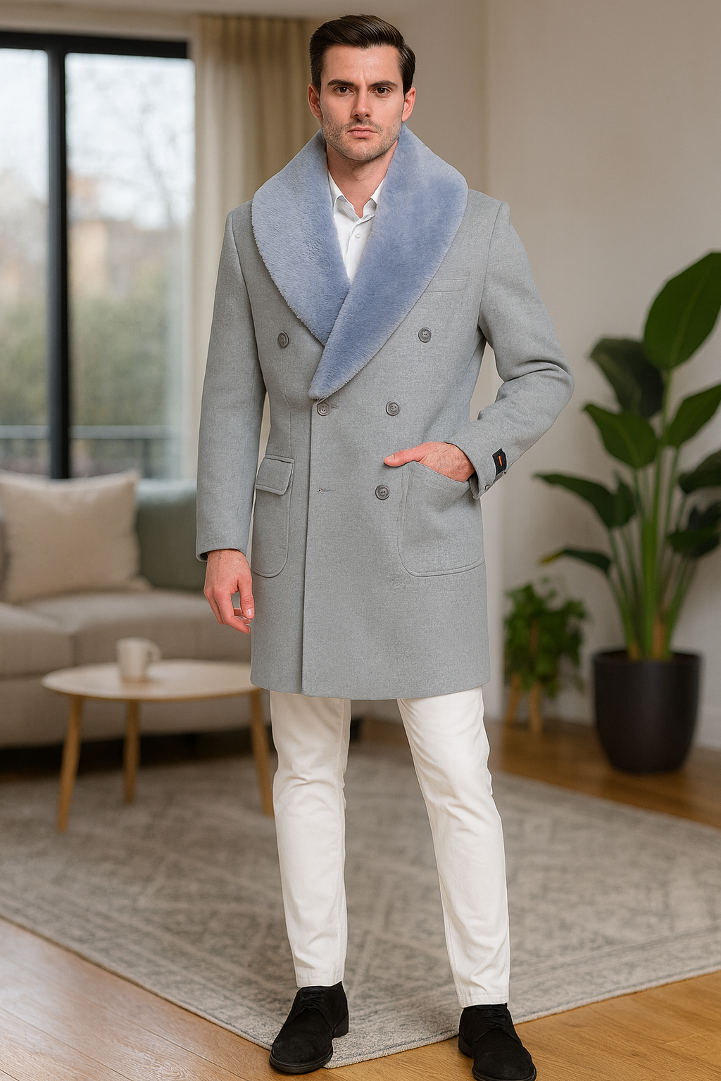 Mens Light Grey Double Breasted Overcoat with Faux Fur Shawl Collar  Winter Luxury Coat Wool Fabric