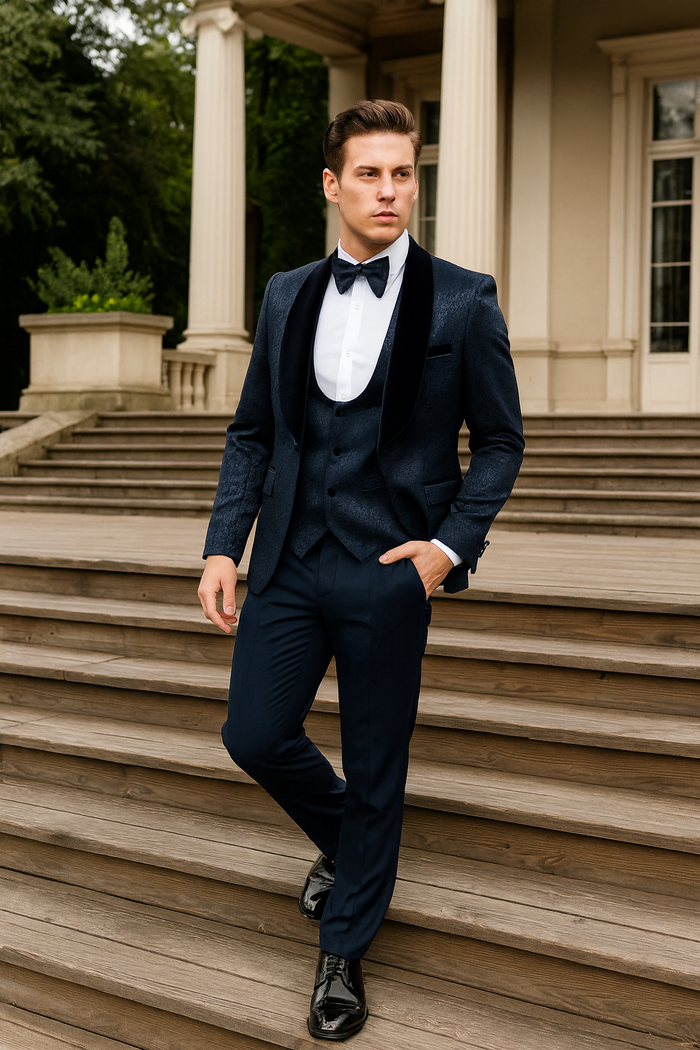 Mens Navy Blue Jacquard Tuxedo with Black Velvet Shawl Lapel  3 Piece Formal Suit with Bow Tie
