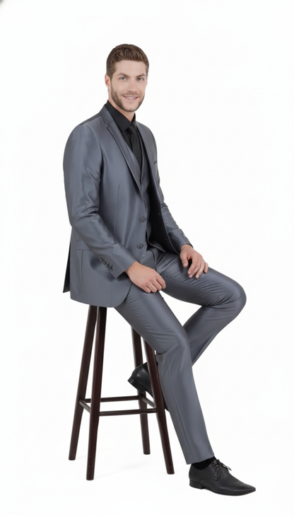 Mens Dark Grey Shiny Two-Piece Suit  Slim Fitted Formal Jacket and Tailored Pants - Sateen Metalic in Charcoal Gray Color