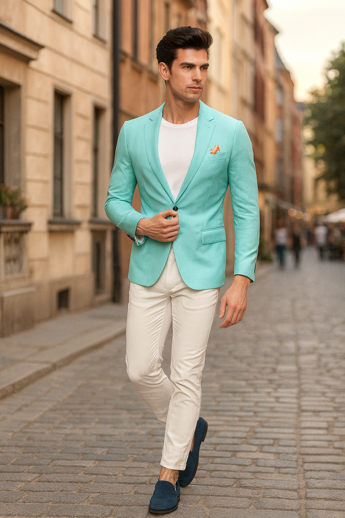 Men's Aqua Blazer - Slim Fit One Button Suit Jacket with Stylish Floral Inner Lining - Light Turquoise