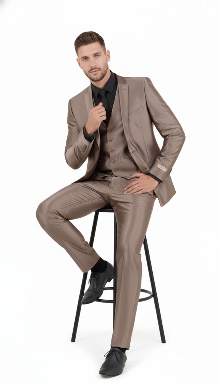 Mens Sateen Shiny Metallic Mocca Taupe Gold Bronze 3-Piece Suit Set  Shiny Finish slim Fit Formal and Party Suit