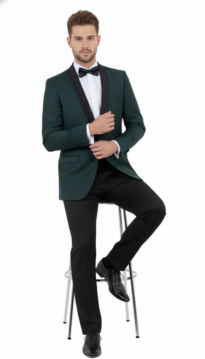 Mens Green Tuxedo Suit  Slim Fit Jacket with Black Satin Shawl Lapel and Black Pants in Hunter Green