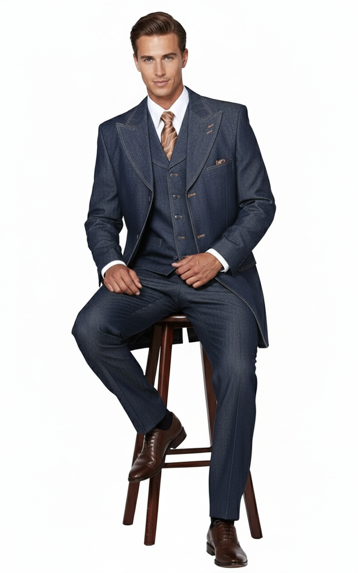 Mens Cotton Denim Three-Piece Suit  Modern Blazer Denim Suit with Vest and Trousers Pleated Pants Classic Fit