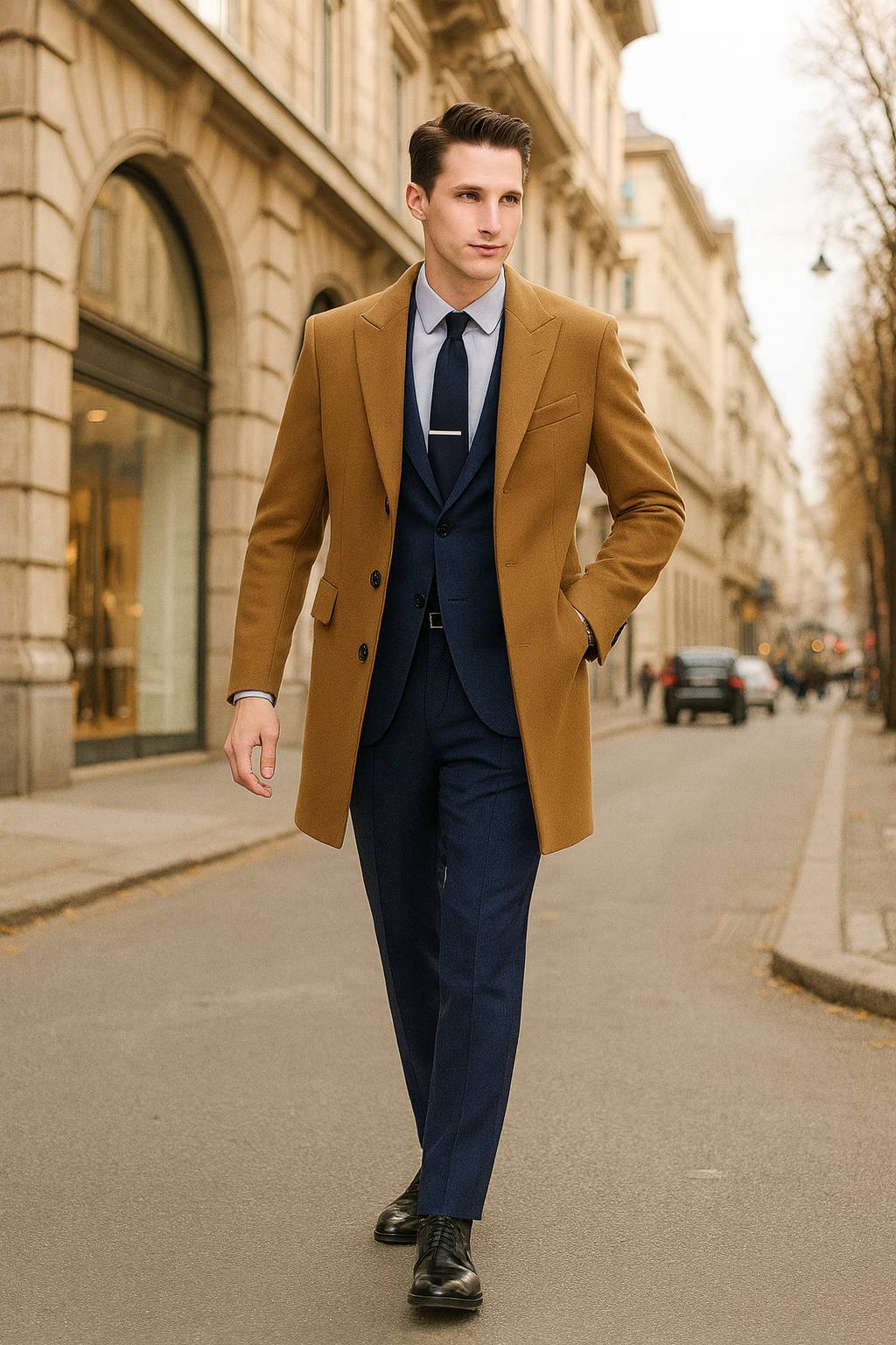 Men’s Camel Brown Wool Overcoat – Classic Long Dress Coat for Business and Casual Wear in Vecuna Color