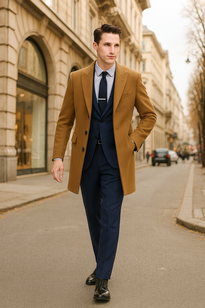 Mens Camel Brown Wool Overcoat  Classic Long Dress Coat for Business and Casual Wear in Vecuna Color