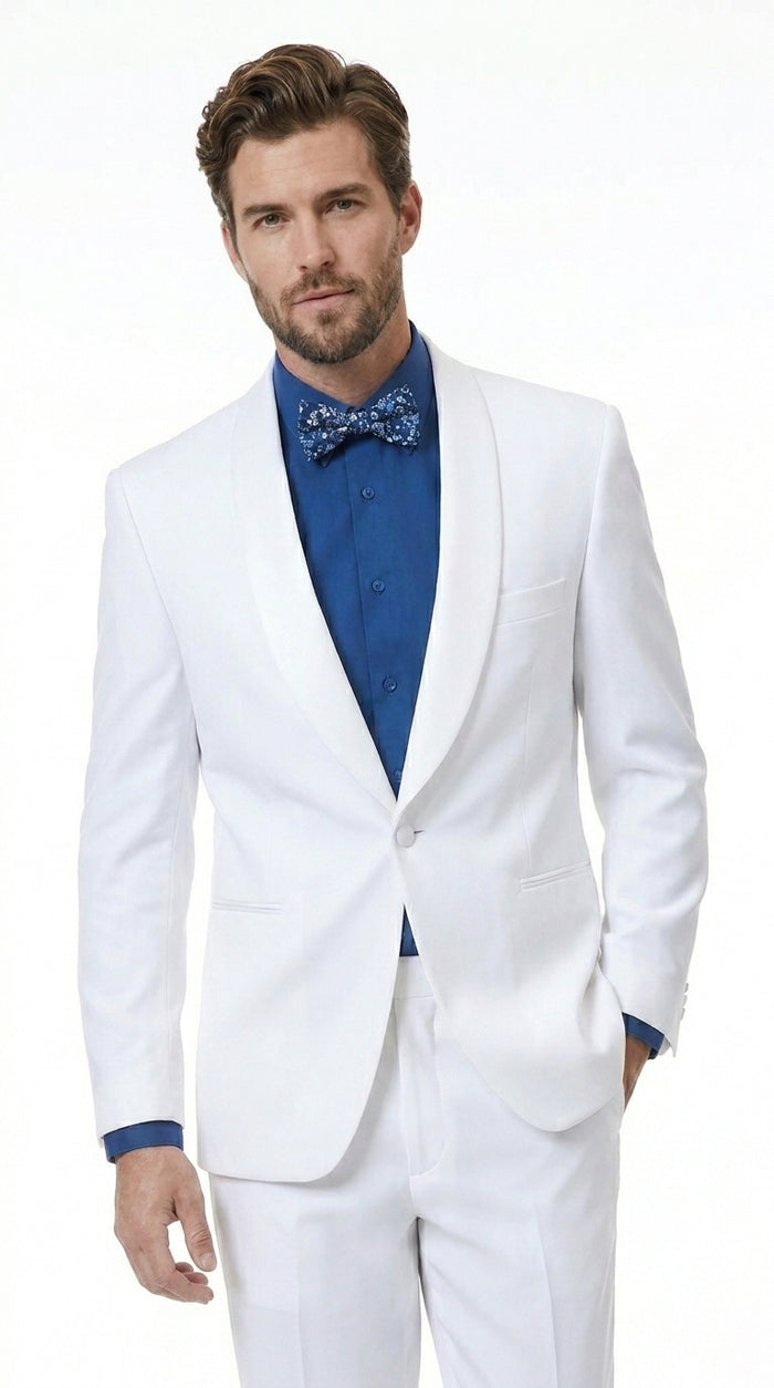Men’s White Classic Microfiber Shawl Tuxedo with Jacket and Pants, Formal Wedding Dinner Suit