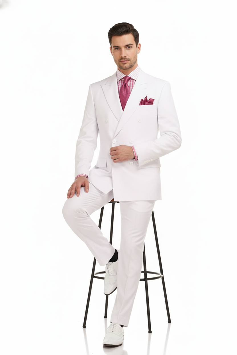 Mens White Double-Breasted 3-Piece Suit Set  Premium Tailored Fit Formal Wedding and Evening Suit