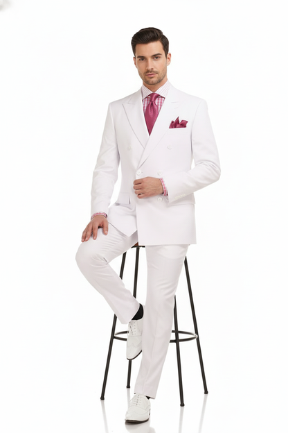 Mens White Double-Breasted 3-Piece Suit Set  Premium Tailored Fit Formal Wedding and Evening Suit