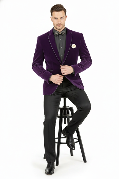 Mens Purple Velvet Blazer  Luxury Slim Fit Formal Jacket with Black Satin Trim Tuxedo Dinner Jacket