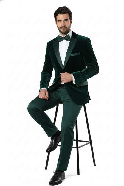 Mens Dark Green Velvet Tuxedo Dinner Jacket  Slim Fit Formal Blazer with Satin Peak Lapel Lape
