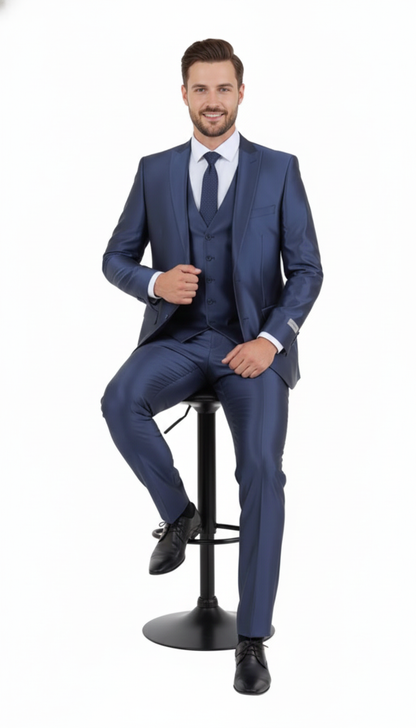 Mens Navy Blue Shiny Finish 3-Piece Suit Set  Premium Tailored Fit Formal Wedding and Party Sateen Slim Fitted Suit
