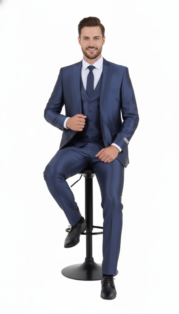 Mens Navy Blue Shiny Finish 3-Piece Suit Set  Premium Tailored Fit Formal Wedding and Party Sateen Slim Fitted Suit