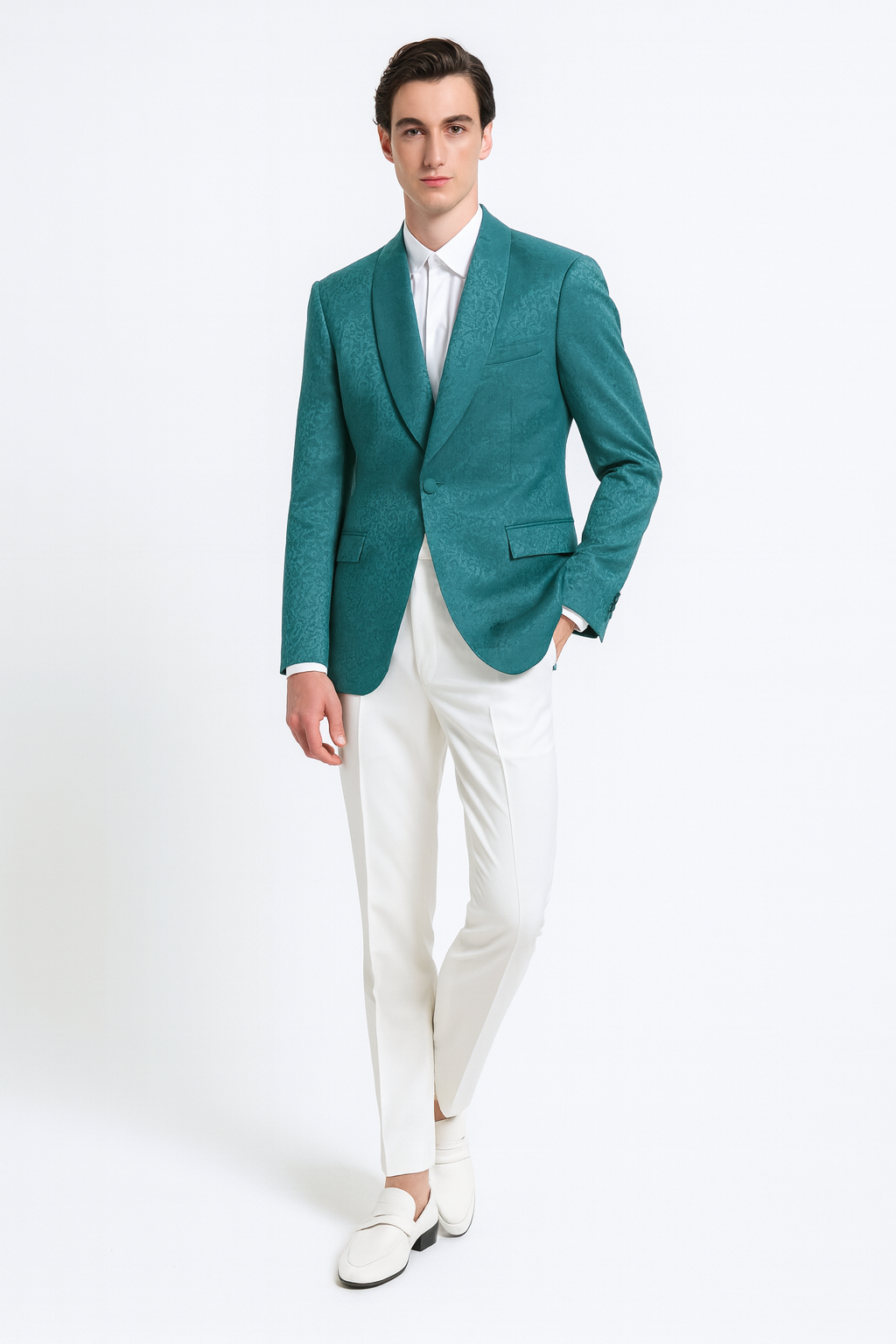 Mens Teal Green Floral Jacquard Blazer  Slim Fit Tuxedo Jacket for Weddings, Proms, and Parties