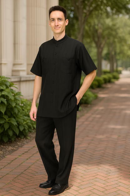 Mens Black Banded Collar Walking Suit  Short Sleeve Shirt and Matching Pants Banded Collar Linen Fabric