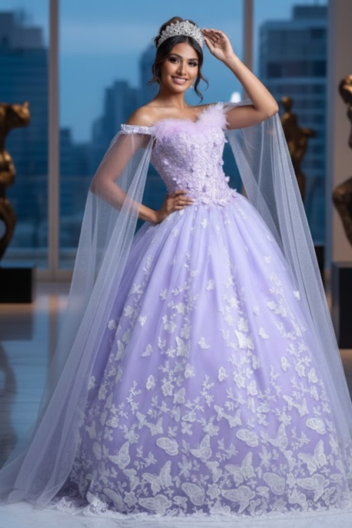 Glitter Butterfly Applique Cape Sleeves Quinceanera Gown
