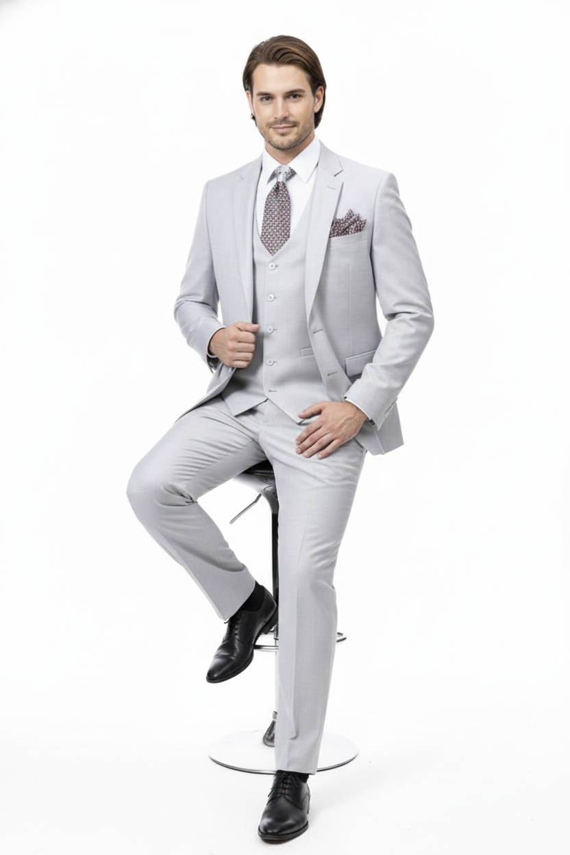 Mens Very Light Gray Three-Piece  Wedding Suit 2 Buttons Modern or Slim Fit  Ash Bone Color Steel Grey