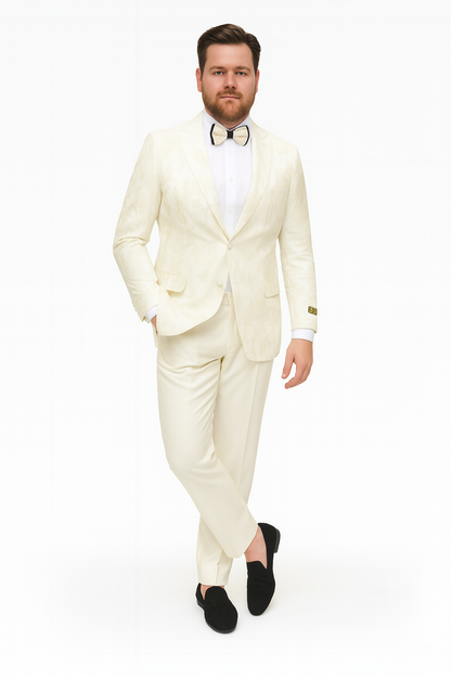 Mens Ivory Floral Embroidered Tuxedo Jacket  Elegant Wedding and Party Blazer in Cream Color With Ivory Pants
