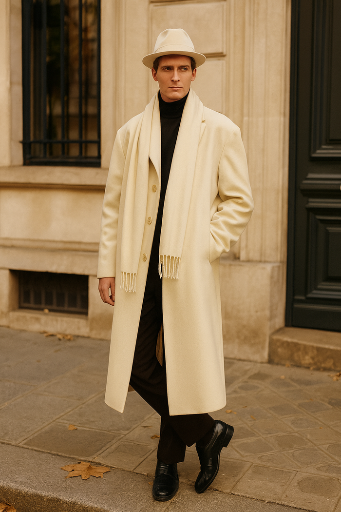 Mens Long Cream Overcoat Wool Fabric in Ivory Off White Color Full length