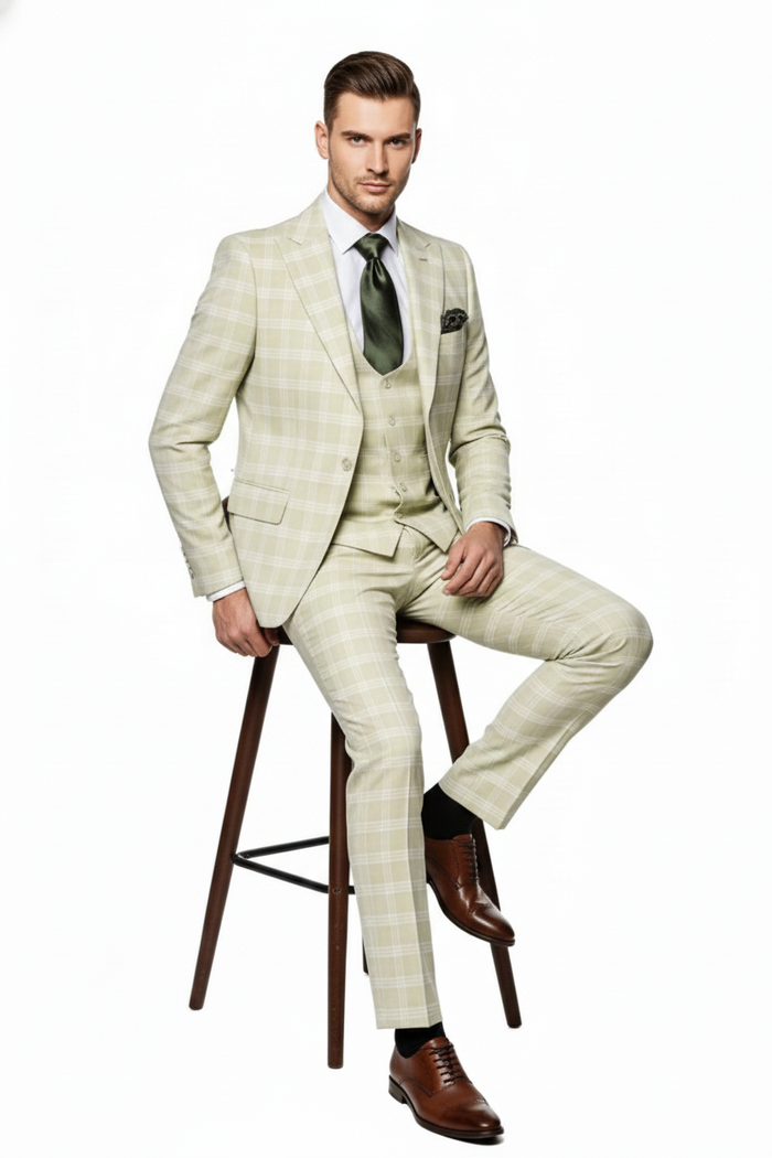 Mens Light Beige Check 3-Piece Suit Set  Premium Tailored Fit Formal Wedding and Spring Event Suit Light Tan Sand Color By Rossiman