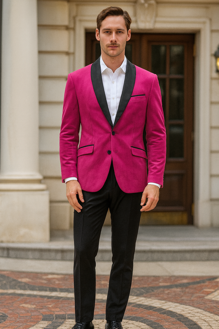 Men's Fuchsia Tuxedo Blazer with Black Satin Lapel - Stylish Party and Wedding Jacket in Hot Pink Color with Black Pants