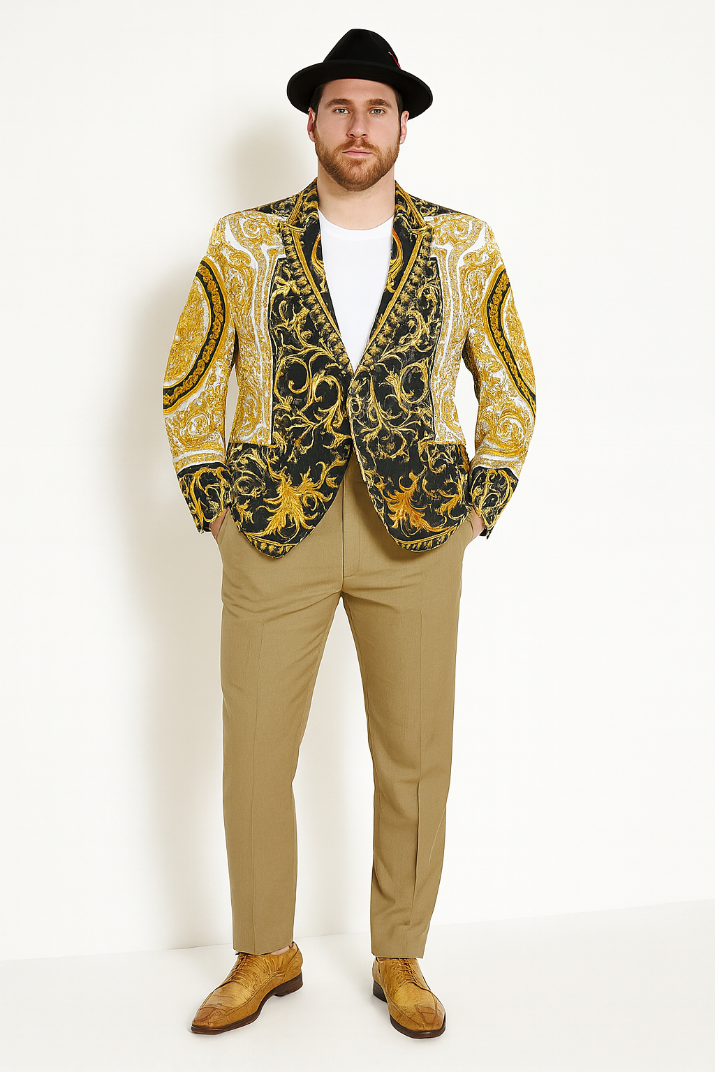 Mens Black and Gold Baroque Blazer with Matching Pants, Hat, and Shoes  Luxury Party and Wedding Outfit Set