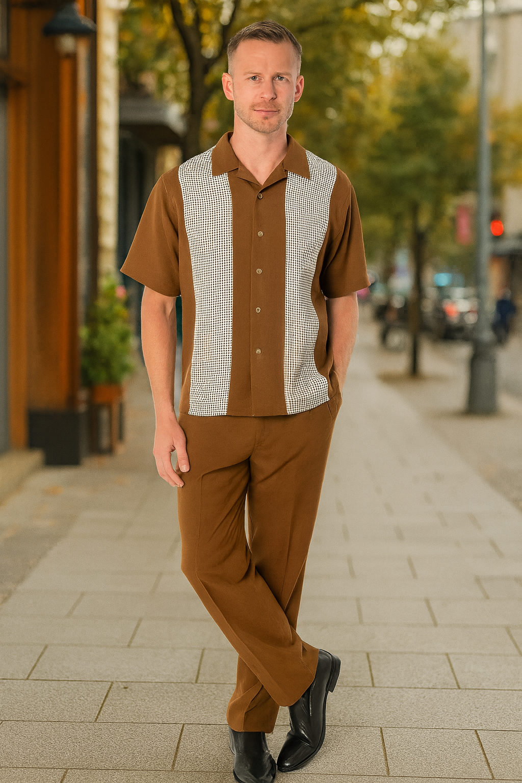 Mens Cognac Tan Two-Piece Outfit  Short Sleeve Button-Up Shirt and Pants Set