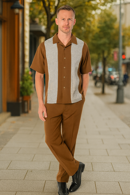 Mens Cognac Tan Two-Piece Outfit  Short Sleeve Button-Up Shirt and Pants Set