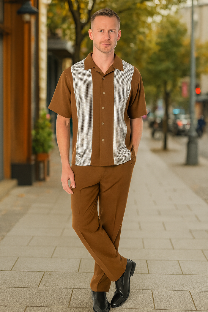 Men's Cognac Tan Two-Piece Outfit - Short Sleeve Button-Up Shirt and Pants Set