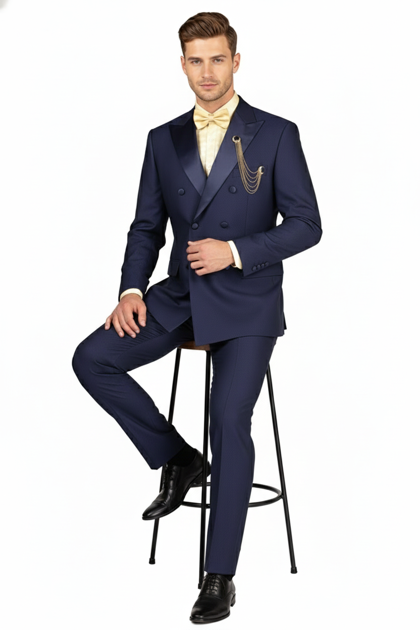Mens Navy Blue Double-Breasted Tuxedo with navy Satin Peak Lapel Wedding Suit