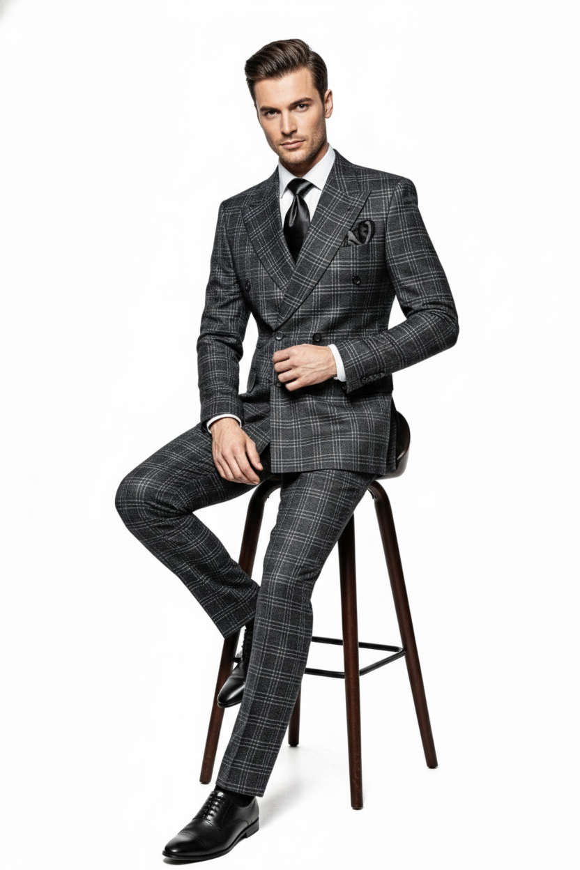 Mens Charcoal Plaid Double-Breasted Suit   Tailored Pants Windowpane Pattern By Rossiman